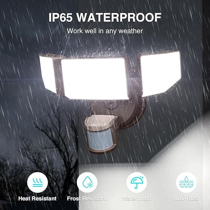85W LED Security Lights Motion Sensor Light Outdoor, 8500LM Dusk to Dawn, IP65 Waterproof, 6500K, 3 Head Motion Detected Flood Light, Floodlight for Outside, Garage, Yard, Porch (Brown)-VerdiqueGarden