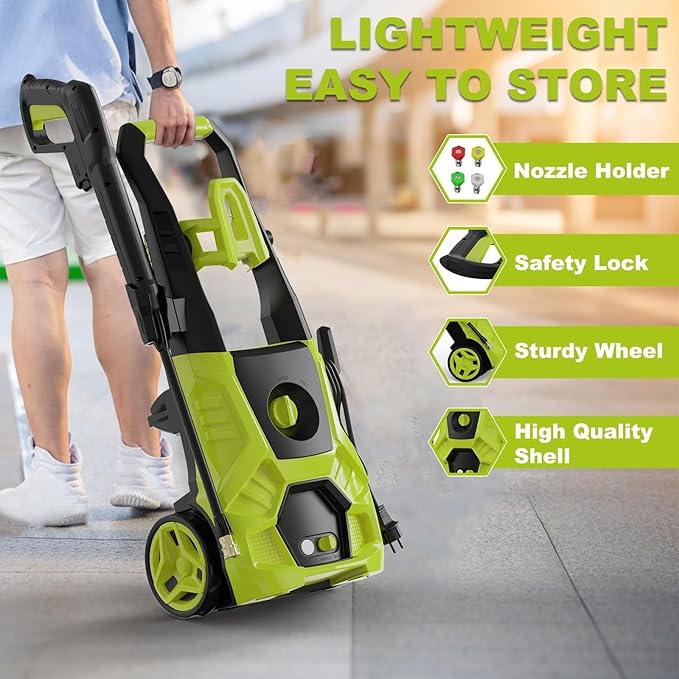 Pressure Washer, 5000PSI Max 3.6GPM with Foam Cannon 35FT Power Cord 4 Nozzles for Cars, Green-VerdiqueGarden