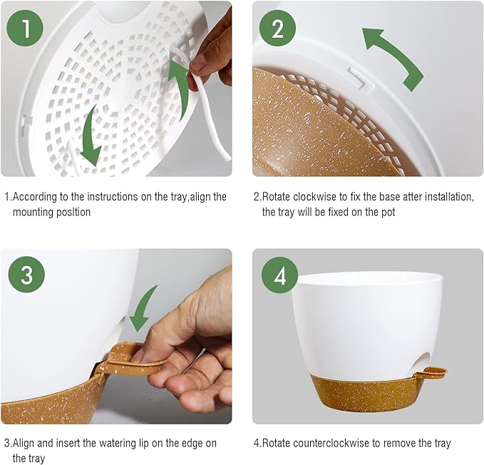 12 inch Large Self Watering Pots, Plastic Planters with 60oZ Removable Deep Reservoir and Multi Mesh Drainage Holes for Indoor Outdoor Garden Plants and Flowers, White with Brown-VerdiqueGarden