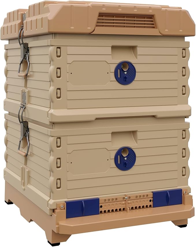 Ergo Insulated Bee Hive Set [NO Frames Included] (Double Deep, Tan Body Blue Entrance)-VerdiqueGarden