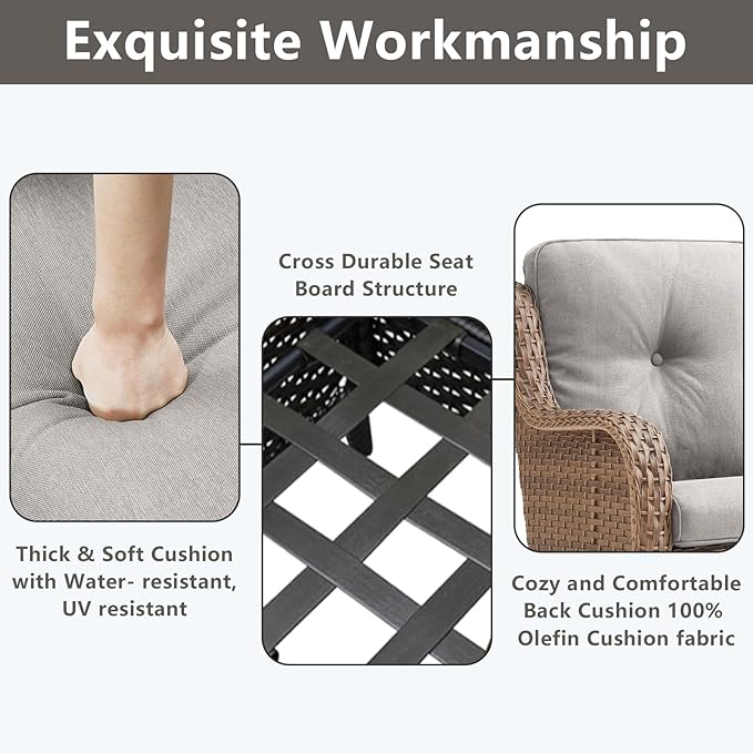 Outdoor Wicker Patio Furniture Set - 6 Piece Rattan Patio Conversation Set with 2 Rocking Swivel Chairs,2 Ottomans,1 Loveseat and 1 Side Table for Porch Deck Backyard Garden(Yellow/Beige)-VerdiqueGarden