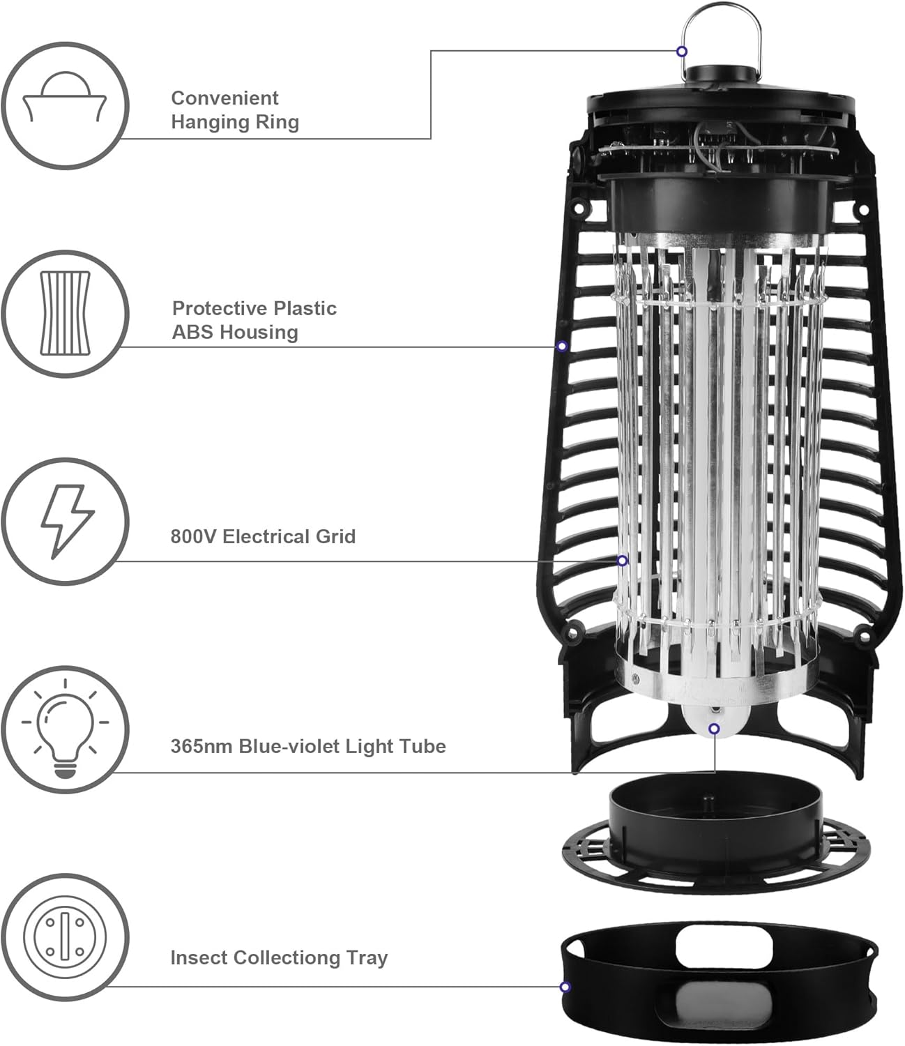 Electric Bug Zapper, 2500V Plug-in Mosquito Trap with Replaceable Sticky Pads & Lamp Tube, 365nm Lighted Hanging Insects Killer Attracting Moths, Gnats, Flies IPX4 for Indoor Outdoor Use-VerdiqueGarden