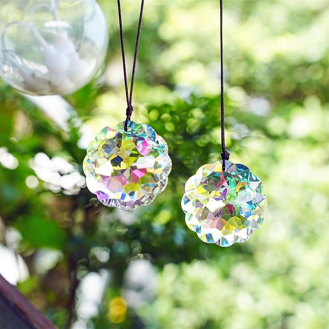 HDCRYSTALGIFTS Set 2 AB Color Crystal Suncatcher Datura Shaped Pendant Rainbow Feng Shui Hanging Prism (45mm)-VerdiqueGarden