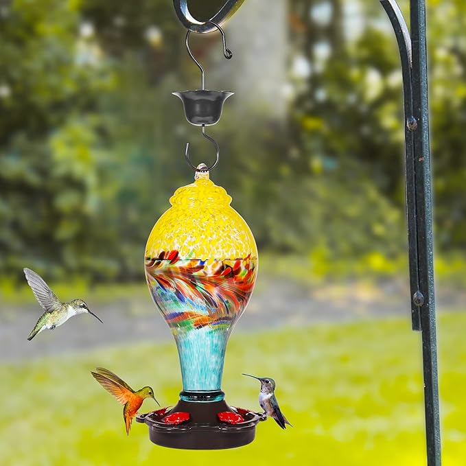 LUJII Hand Blown Glass Hummingbird Feeder for Outdoors with Ant Moat, Leak Proof & Rustproof,36 fl.oz, Metal Base Cover with 5 Feeding Ports & 5 Perches, Glass Art for Garden Decor (Blue Mixed Yellow)-VerdiqueGarden