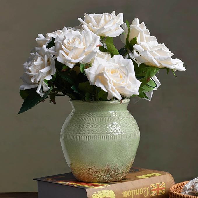 Quoowiit Ceramic Rustic Farmhouse Vase, Green Distressed Flower Vase for Home Decor, Boho Decorative Vases for Centerpiece Table Decorations, Vases for Living Room Kitchen Entryway Mantle Shelf Decor-VerdiqueGarden