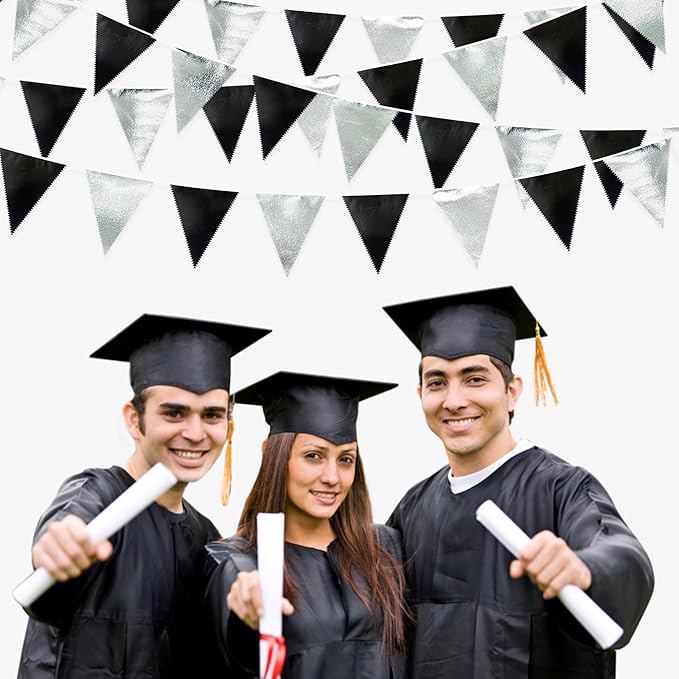 Black and Silver Party Decorations Triangle Pennant Banner Flag Metallic Fabric Bunting Garland for Birthday Graduation Retirement Wedding Bachelorette Bridal Shower Engagement Disco Party Supplies-VerdiqueGarden