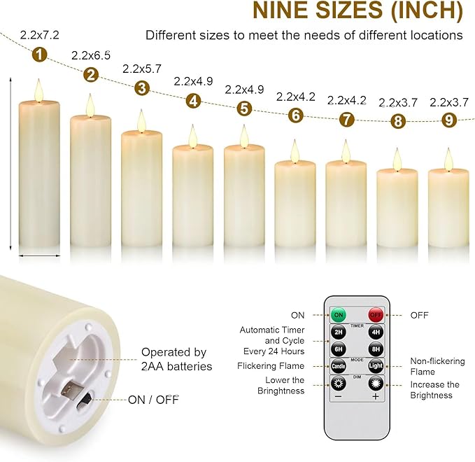 Flameless Flickering Battery Operated Candles 9PACK Real Wax Pillar LED Candles with 10-Key Remote Control and 24 Hours Timer for Wedding, Party, Home Decoration (Ivory)-VerdiqueGarden