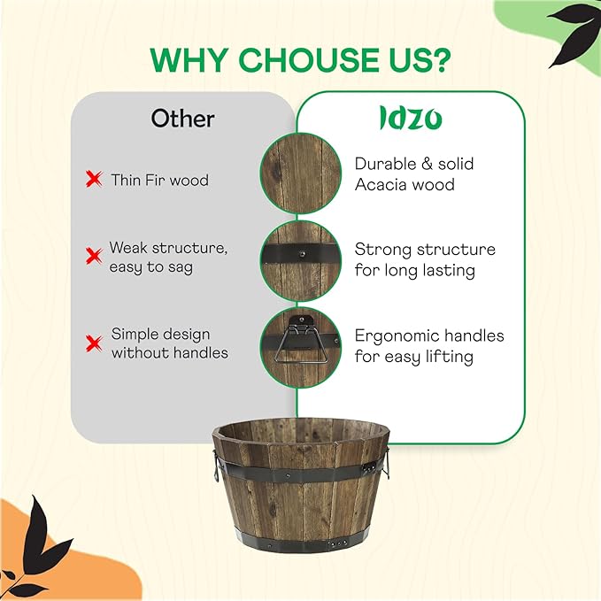 IDZO Set of 3 Wooden Flower Planters for Outdoor Plants, Acacia Wood Barrel Planters, Ergonomic Handles, Drainage Holes, Various Sizes, Walnut-VerdiqueGarden