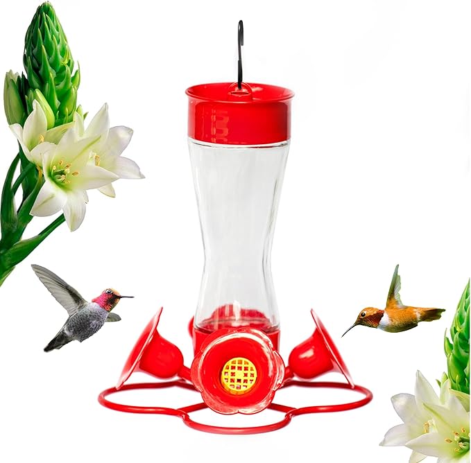Nature's Rhythm Bird Feeder 4 bee Guard Plastic Feeding Port 8oz Glass Pinch Waist Hummingbird Feeder,1pcs-VerdiqueGarden