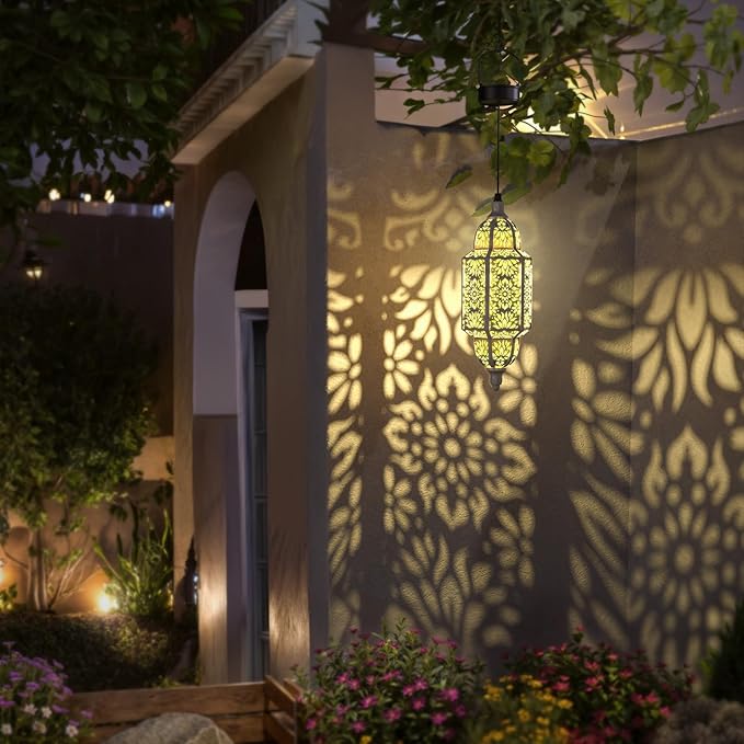 Twinkya 2 Pack Hanging Solar Lights Outdoor Garden Decorative Solar Lantern Waterproof Metal Moroccan Outdoor Decorations for Patio Pathway Yard Porch Backyard Garden Decor (White, 2 Pack)-VerdiqueGarden