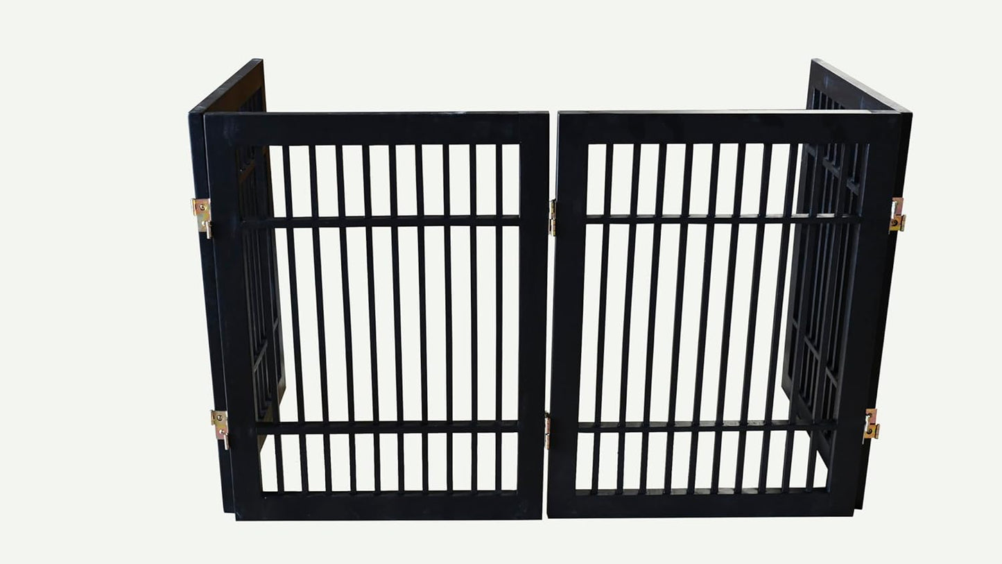 Pet Dog Gate Strong and Durable Freestanding Folding Acacia Hardwood Portable Wooden Fence Indoors or Outdoors by Urnporium (Black Pet Gate, 4 Panel 24" Tall)-VerdiqueGarden