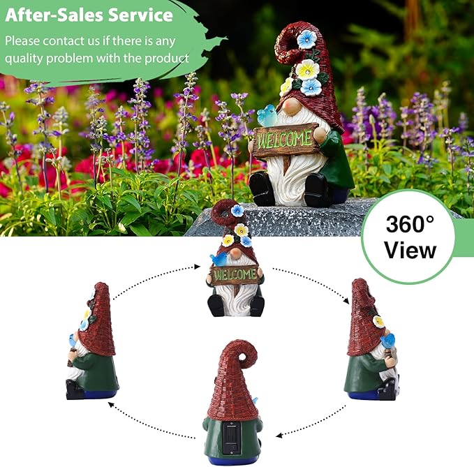 Goodeco Sitting Gnome with Welcome Sign - Garden Gnomes Outdoor with Solar Bird & LED Lights, Ideal Gifts for Mom or Women, Housewarming Gnome Decorations-VerdiqueGarden