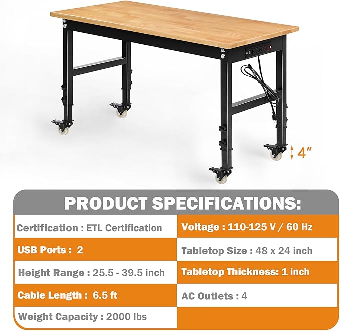 48" Adjustable Workbench for Garage, Rubber Wood Heavy Duty Workstation with Power Outlets & Wheels, 2000 LBS Load Capacity Hardwood Worktable for Workshop, Garage, Office, Home, Commercial-VerdiqueGarden