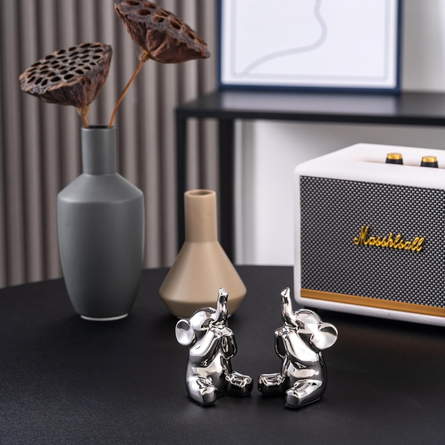 Loving Pair of Small Silver Elephant Statues Silver Home Decor Modern Boho Style Figurine Decorative Ornaments for Living Room, Bedroom, Office Desktop, Cabinets, Shelf-VerdiqueGarden