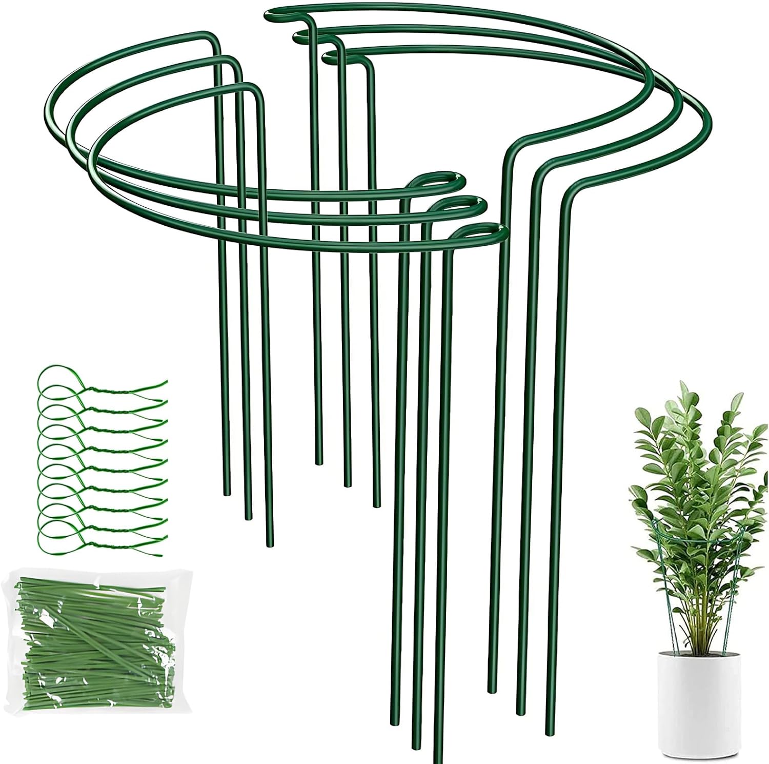6 Pack Tall Plant Support Stakes, Peony Cages and Supports Large 10" Wide x 24" High Tall Peony Ring Supports, Garden Plant Stakes for Outdoor Plants Rose, Tomato, Hydrangea, Flowers(100 Plant Ties)-VerdiqueGarden