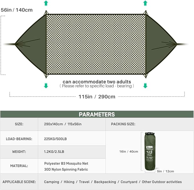 ETROL Camping Hammock with Mosquito Net,3 in 1 Function Parachute Portable Hammock,Double & Single Hammocks Tent for Travel Outdoor Indoor Hiking Patio - with Tree Straps,Carabiners,Aluminium Poles-VerdiqueGarden