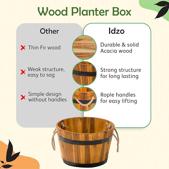 IDZO Set of 3 Wooden Flower Boxes Outdoor, Durable Acacia Wood Barrel Planters for Outdoor Plants with Ergonomic Handles, Drainage Holes, Multiple Sizes Wood Bucket Planter for Home Décor-VerdiqueGarden