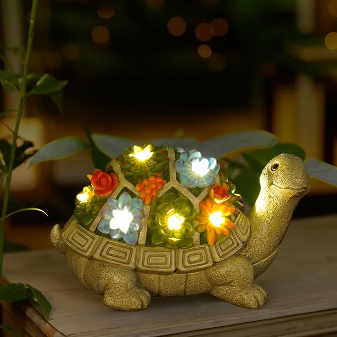 Solar Garden Turtle Statue - Turtle Decor with 7 Warming Solar LED Lights, Outdoor Decorations for Yard Patio Lawn & More, for Women, Moms, Birthdays or Turtle Lovers-VerdiqueGarden