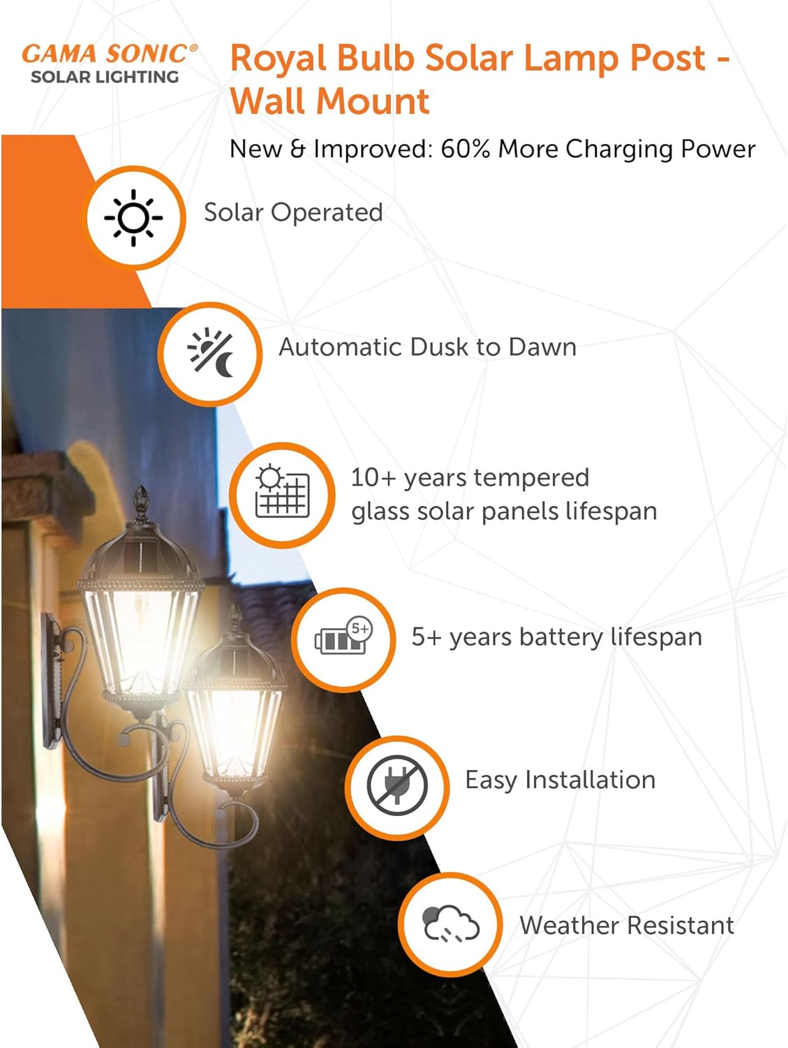 Gama Sonic Solar Outdoor Wall Light, Royal Bulb Exterior Sconce Lamp, Black Cast Aluminum, Clear Beveled Glass, Warm White LED with Omni-Direction Reflector, Large 21-Inch Height, 98B010 (Upgraded)-VerdiqueGarden