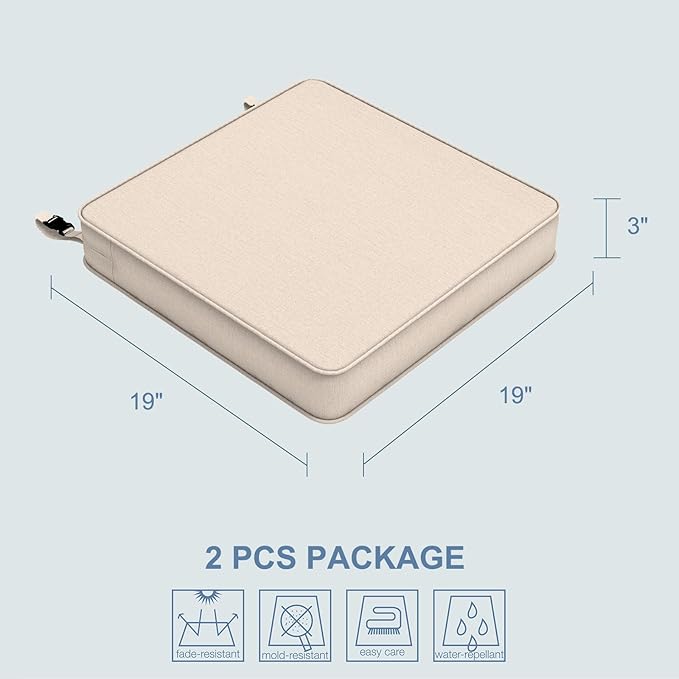 LVTXIII Patio Chair Cushions 19"x19"x3", Water-Repellent Outdoor Seat Cushions for Patio Furniture, Square Chair Pads with Ties for Home Garden Decoration, Set of 2, Beige-VerdiqueGarden