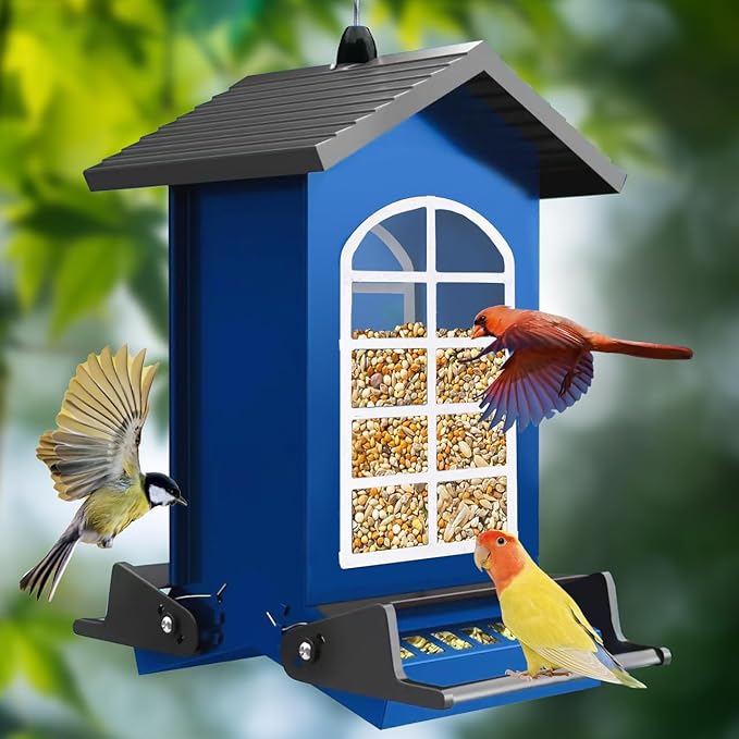Bird Feeder Squirrel Proof Metal Hanging for Outdoor Wild Bird Seed, 5LBS with Bilateral Weight-Activated Perches, Heavy Duty Bird Feeders for Outside Wild Bird - Blue-VerdiqueGarden
