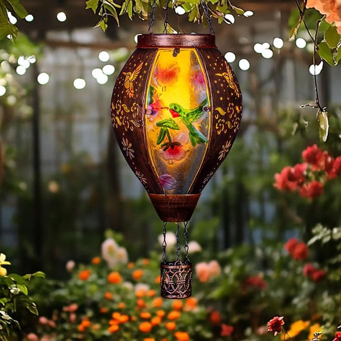 Hummingbird Hot Air Balloon Solar Lantern, Metal & Glass Flickering Flame Light Solar Lantern, Hanging Waterproof Solar Lanterns Outdoor for Garden Patio Tree Decoration-VerdiqueGarden