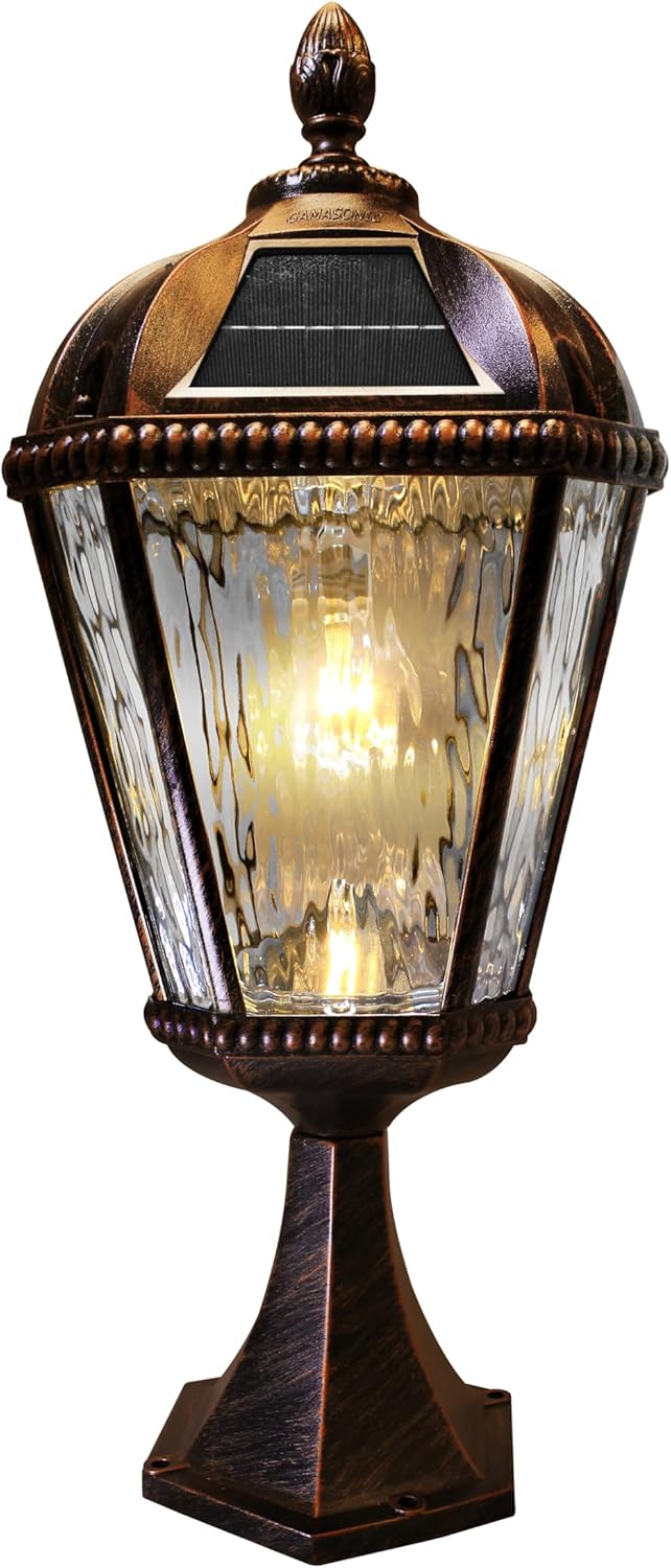 Gama Sonic Outdoor Solar Post Light with Pier Base, Brushed Bronze Finish Aluminum and Rain Glass, Royal Bulb 150 Lumens Warm White LED, Mount on Column or Flat Surface 98B111 Upgraded Panel-VerdiqueGarden