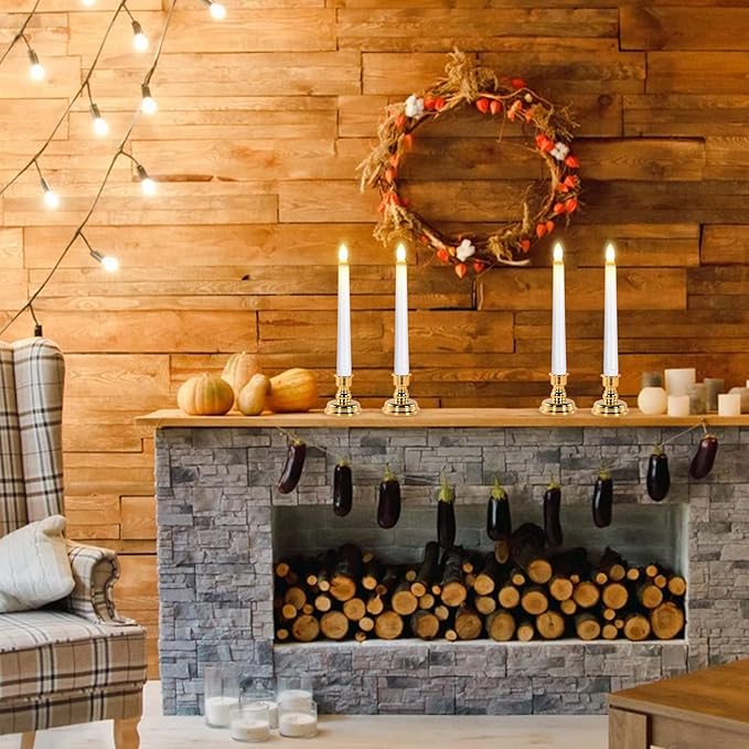 JOSU Taper Battery Operated Candles: 8PCS Flickering Flameless Candles with Timer - 3D Wick Fake Window Candle Outdoor +8 Gold Candlesticks, for Home Decor & Festival Celebration-VerdiqueGarden