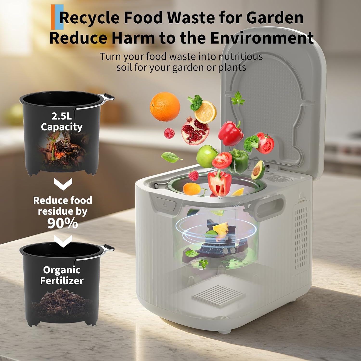 2.5L Electric Kitchen Composter Smart Odorless Compost Bin Auto-Cleaning Countertop Food Waste Composting Machine -Fast 4-6H Food Waste to Fertilizer Conversion for Outdoor Use (White-VerdiqueGarden