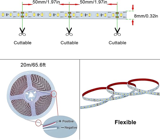 24V 65.6ft/20m LED Strip Light Warm White 3000K 2400LEDs High Brightness 12000LM SMD2835 Flexible No-Waterproof IP20 LED Tape for Kitchen Backyard Hallways Stairs Decoration(No Power Supply)-VerdiqueGarden