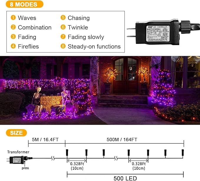 weillsnow 164FT 500 LED Halloween Lights, 8 Modes Waterproof Plug in String Lights for Halloween Indoor Outdoor Yard Party Wedding Garden Home Decorations (Purple & Orange)-VerdiqueGarden