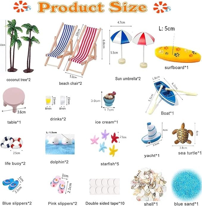 31 Pcs Beach Microlandscape Miniature Dollhouse Decoration, Maritime Decoration with Mini Beach Umbrella Mini Chair Miniature Coconut Tree Beach Decor for DIY Garden Plant Pool-VerdiqueGarden