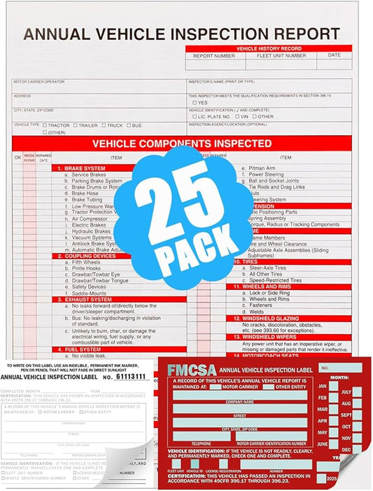 25 Pack 3-Ply Carbonless Annual Vehicle Inspection Report Form with White Interior Inspection Label and Red Exterior Aluminum Inspection Label-VerdiqueGarden