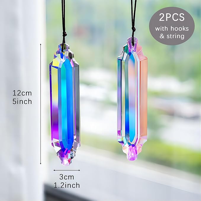 HDCRYSTALGIFTS 2 Pack 5" Large Crystal Suncatcher Prisms,AB Crystals for Sun Catchers,Rainbow Maker Hanging Prisms for Windows,Room,Chandelier,Garden Home Decor-VerdiqueGarden