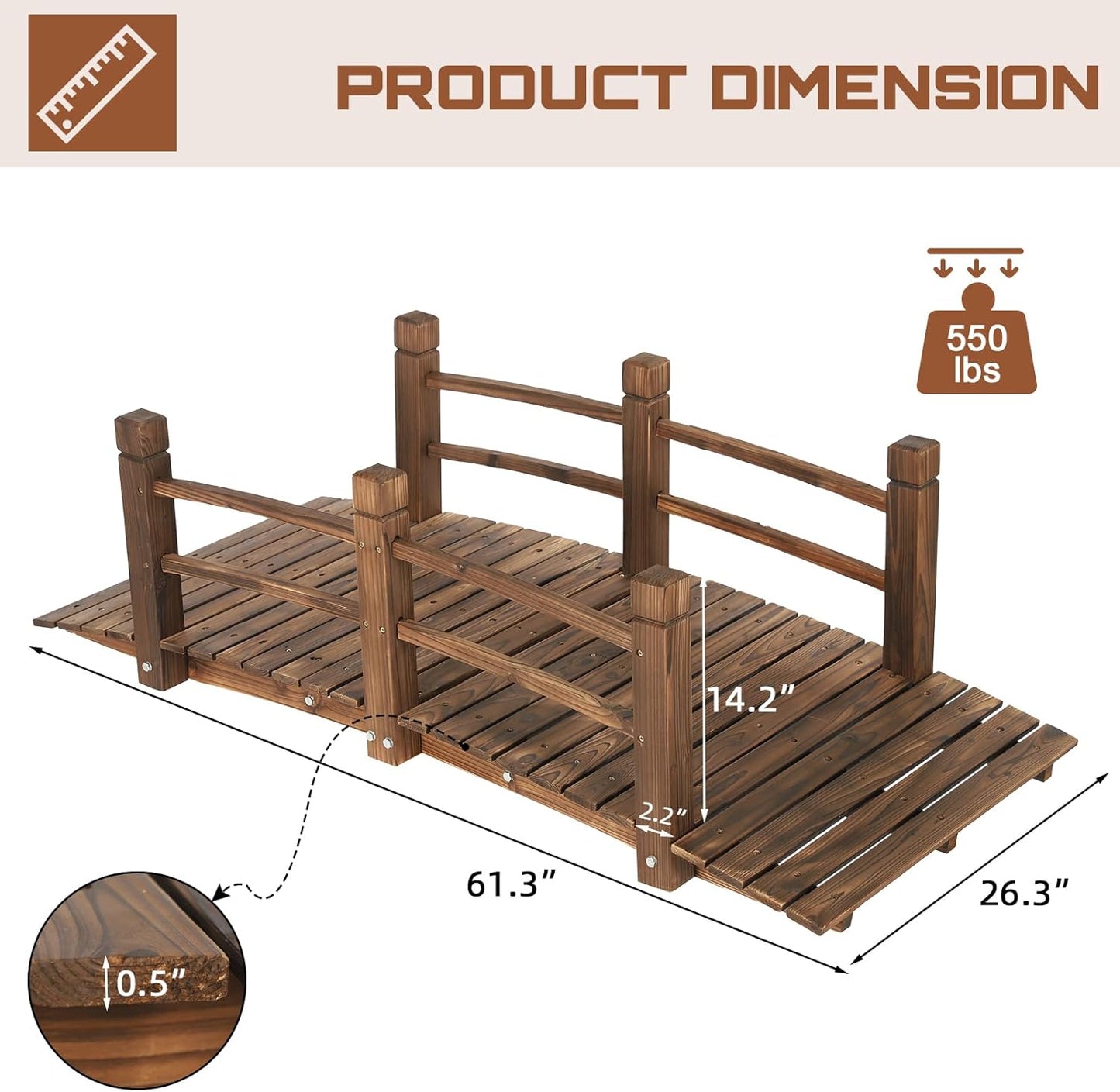 HOMEDIARY Fir Wood Garden Bridge, Outdoor Stained Finish Arc Footbridge Walkway with Double Safety Railings, Decorative Pond Bridge Landscaping for Backyard Farm Garden Creek Pond Decor, Carbonized-VerdiqueGarden