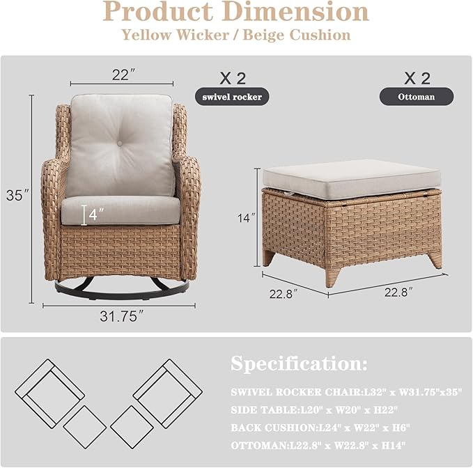 4 Pieces Patio Furniture Sets, Wicker Patio Swivel Glider Chair with Ottomans, Outdoor Furniture Set for Outside Porch, Deck, Balcony, Garden, Yellow-VerdiqueGarden