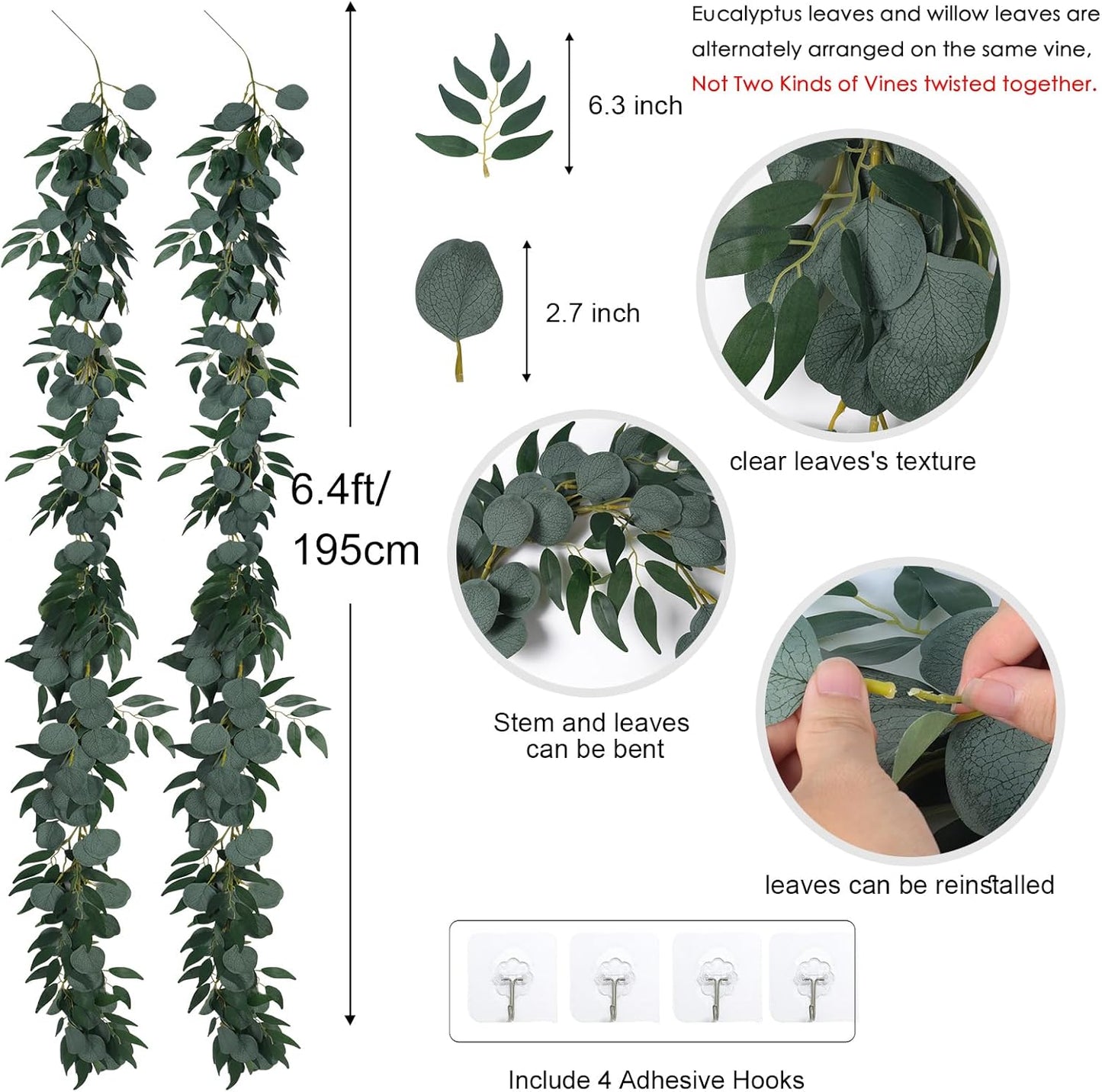 RECUTMS 2Pack Artificial Eucalyptus Garland with Willow Leaves 6Feet Fake Hanging Plant Silk Eucalyptus Willow Leaves Ivy Garland Faux Greenery for Indoor Outdoor Wedding Party Home Table Arch Decor-VerdiqueGarden