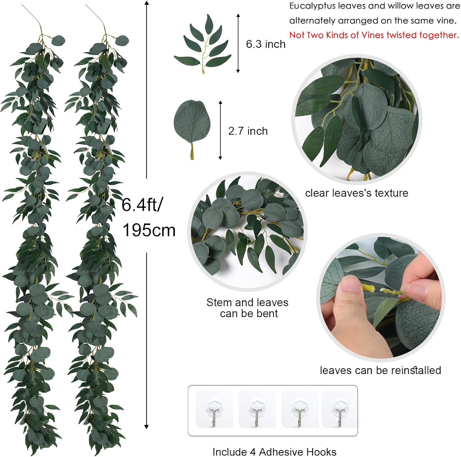RECUTMS 2Pack Artificial Eucalyptus Garland with Willow Leaves 6Feet Fake Hanging Plant Silk Eucalyptus Willow Leaves Ivy Garland Faux Greenery for Indoor Outdoor Wedding Party Home Table Arch Decor-VerdiqueGarden