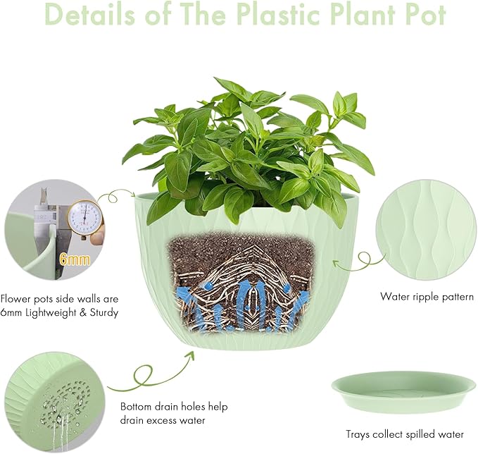 12 Inch Large Plant Pots for Indoor or Outdoor Plants, Wide Water Ripples Flower Pots with Drainage Holes & Saucer, Plastic Planters Set for Garden & Home Decor (Green)-VerdiqueGarden