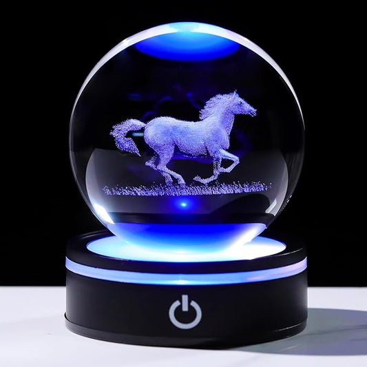 YWHL 3D Crystal Ball Horse Figurine with LED Base, Horse Gifts for Men Women Horse Lovers on Christmas Birthday, Horse Statue Glass Sphere Animal Decorative Ball for Home Decor (80mm)-VerdiqueGarden