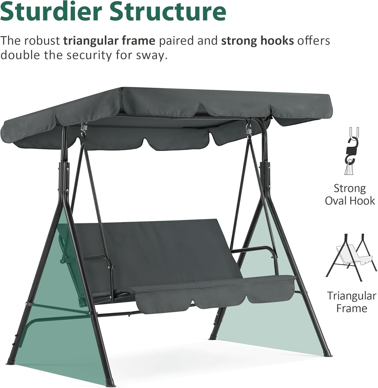 MCombo 2-3 Person Outdoor Patio Swing Chair, Convertible Canopy Hanging Swing Glider Lounge Chair, Removable Cushions, 4003 (Dark Gray)-VerdiqueGarden