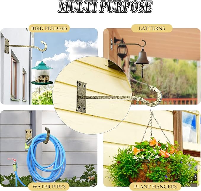 10 inch Heavy Duty Hanging Plant Bracket Decorative Wall Hook 2 Pack (Gold Hammertone)-VerdiqueGarden