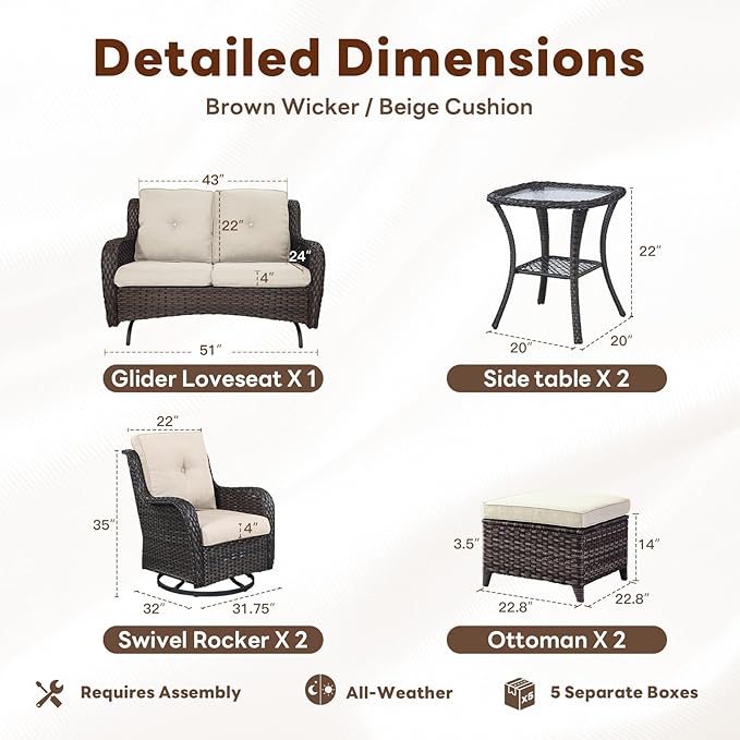 Outdoor Patio Furniture Set - 7 Piece Brown Wicker Conversation Patio Furniture Set All Weather Swivel Chairs with Ottoman and Loveseat Glider Chair for Deck Balcony Backyard-VerdiqueGarden