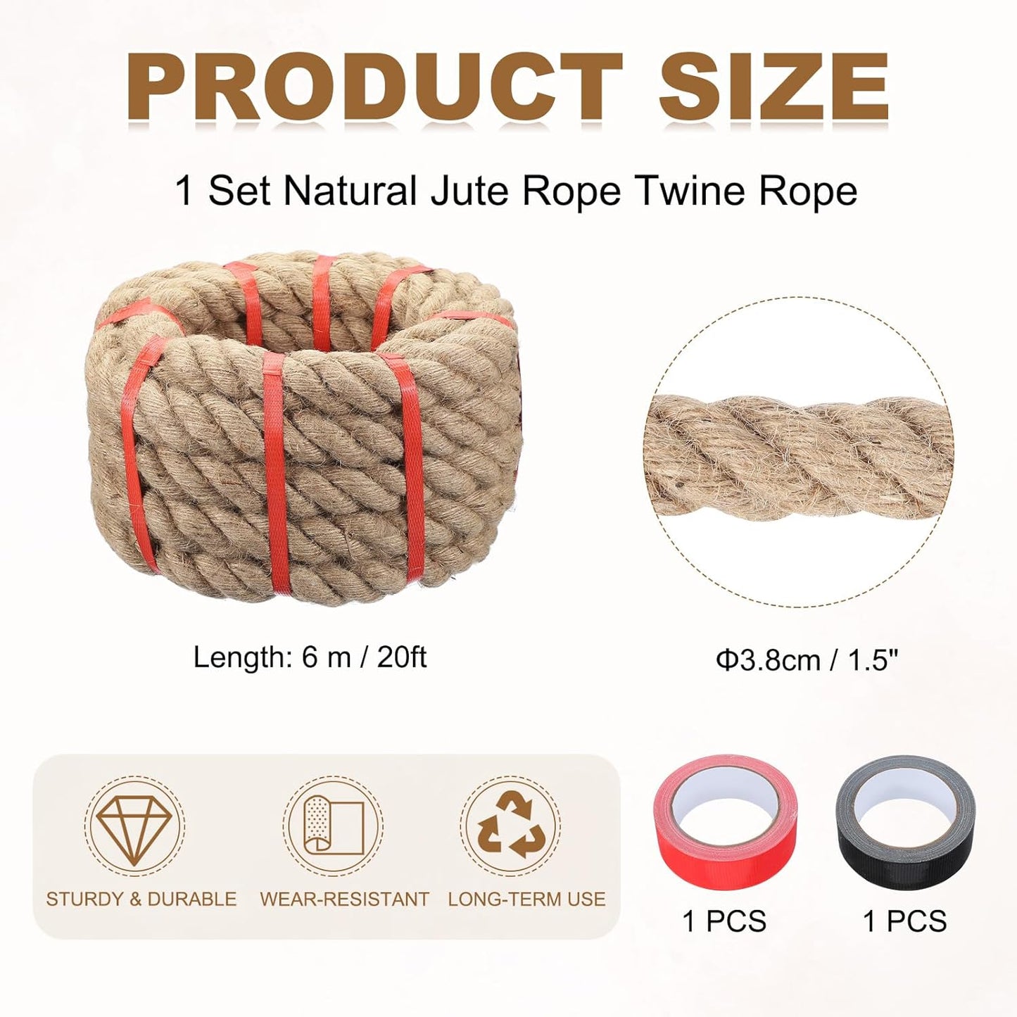 MECCANIXITY Jute Rope 1.5 Inch x 20ft, Thick Twine Rope Ropes Braided Jute Twine Natural Brown Burlap Cord String Heavy Twisted with Tapes for Decorative Crafts Railing Swing Tug of War-VerdiqueGarden