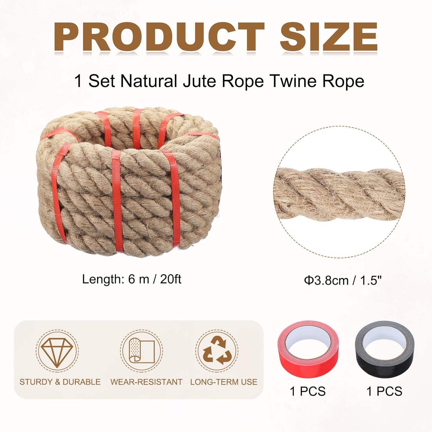 MECCANIXITY Jute Rope 1.5 Inch x 20ft, Thick Twine Rope Ropes Braided Jute Twine Natural Brown Burlap Cord String Heavy Twisted with Tapes for Decorative Crafts Railing Swing Tug of War-VerdiqueGarden