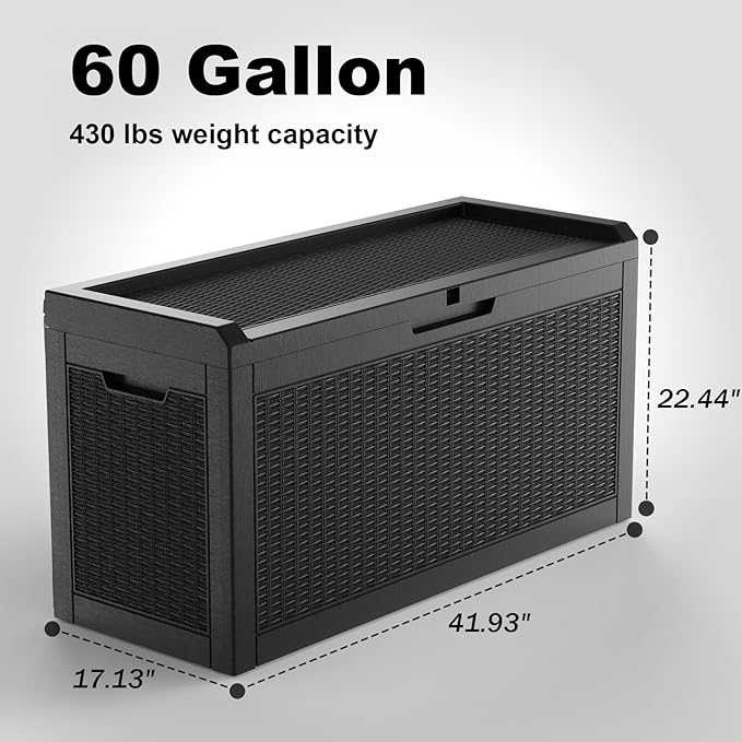 60 Gallon Resin Deck Box, Lockable Outdoor Storage Box for Patio Cushions Storage Furniture,Garden Tools, Pool Supplies, Weatherproof and UV Resistant（Black Rattan）-VerdiqueGarden