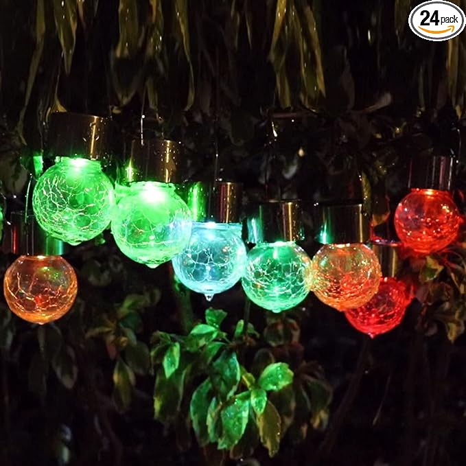 Solar Lights Outdoor Hanging Decorative Globe 24 Pack, Waterproof Solar Lantern with Handle and Clip, Solar Powered Glass Ball Lights for Garden Yard Fence Tree Umbrella Holiday Décor, Color Changing-VerdiqueGarden