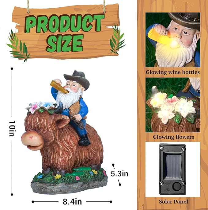 Gnome Gifts for Women, Solor Statue for Garden, Gnome and Highland Cow Figurine with Lights, Outdoor Decorations for Yard Lawn Patio, Gifts for Mom Grandma Mother in Law Gardener Mother'Day-VerdiqueGarden