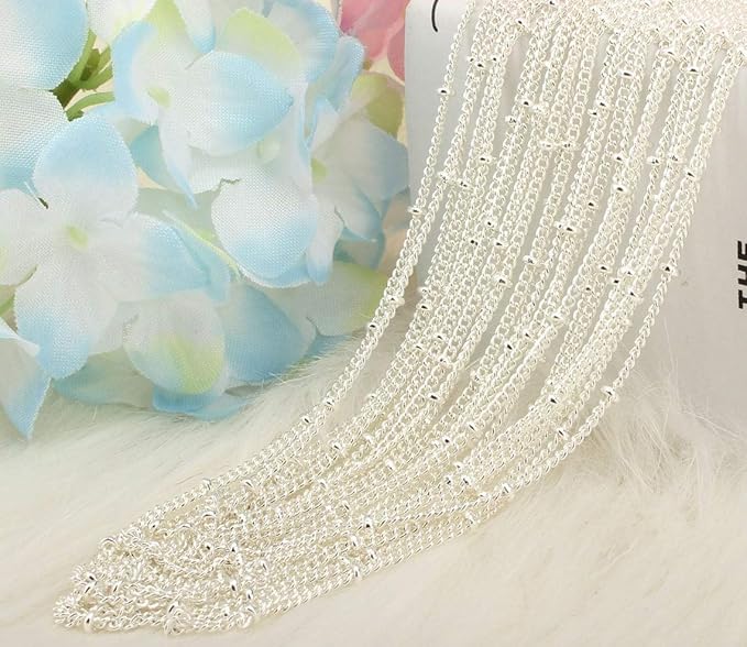 Wholesale 12PCS Silver Plated Brass Curb Chain Satellite Beaded Chains Bulk for Jewelry Making (20 Inch(1.5mm))