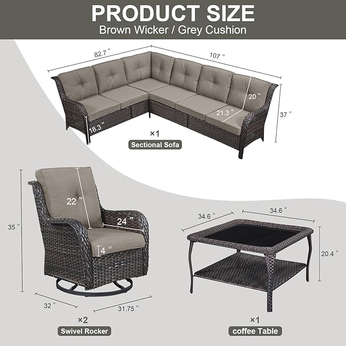 Outdoor Furniture Sectional Sofa L Shaped Couch - Patio Wicker Set with 2 Swivel Glider Chairs, 5 Piece Rattan Patio Conversation Sets with Gray Cushion for Deck Backyard Sunroom-VerdiqueGarden
